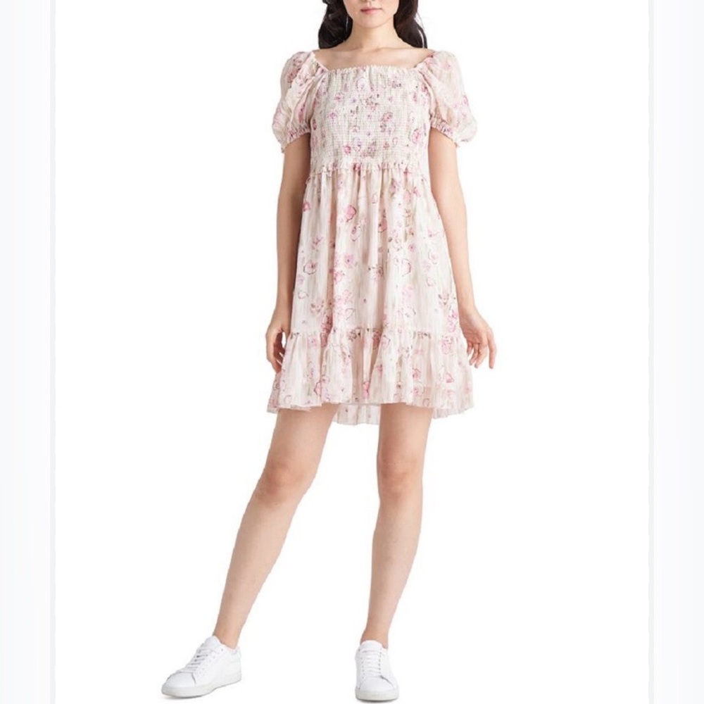Never Worn! Black Tape Floral Mini Dress! Size:XL Color:Pink/Green on Taupe.